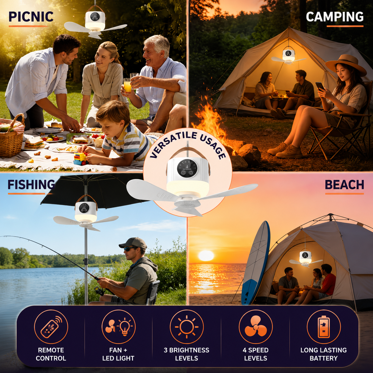 Portable Ceiling Fan with LED Light