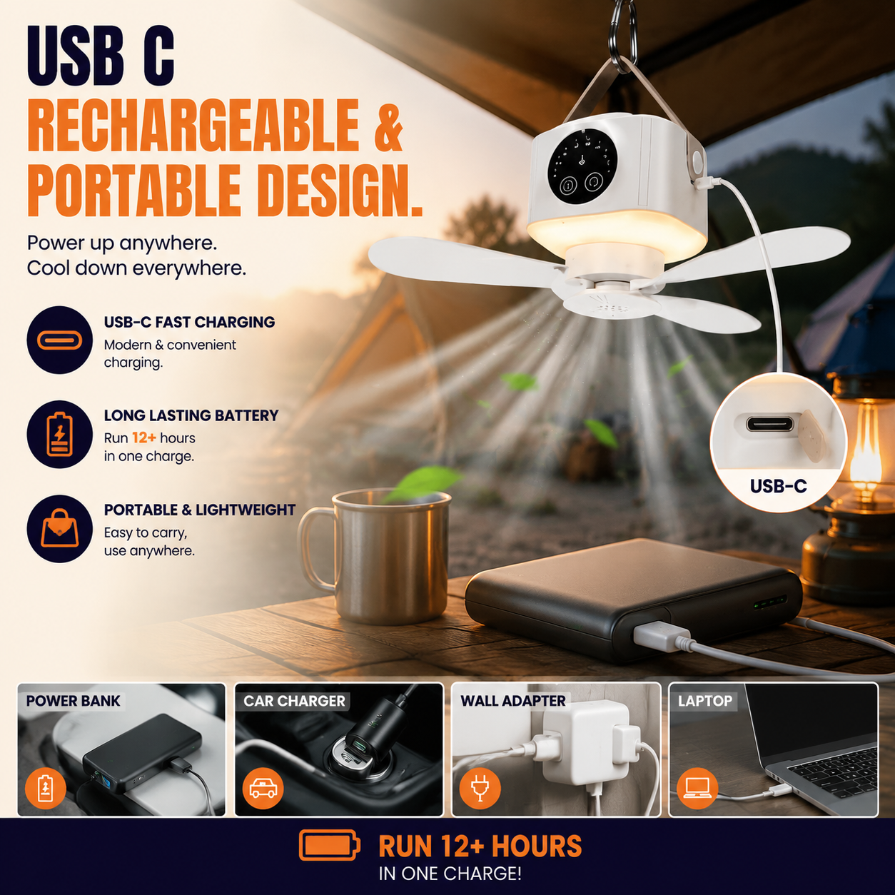 Portable Ceiling Fan with LED Light