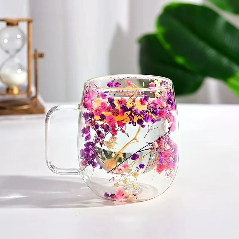 🎄🌸Transparent Double Glass Flower Tea Cup 350 ml